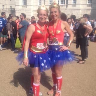 Georgina and fellow Wonder Woman at 2014 Virgin Money London Marathon