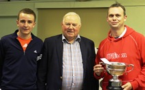 2014 Mens County Champion L-R Jamie Marks Runner-up, Ian King HWLTA President, Colin Bennett 16 x Champion
