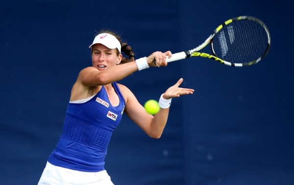 BIRMINGHAM, ENGLAND - JUNE 10:  Johanna Konta of England in action during day two of the Aegon Classic at Edgbaston Priory Club on June 10, 2014 in Birmingham, England.  (Photo by Tom Dulat/Getty Images)