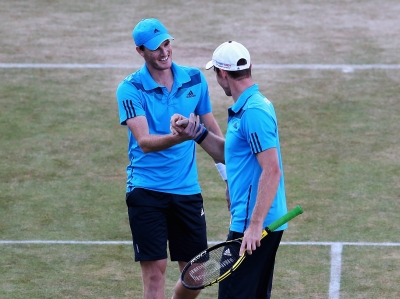 Jamie Murray and John Peers celebrate their semi-final victory at the Aegon Championships