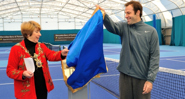 Lord Mayor Lynne Stagg and Greg Rusedski open the Portsmouth Tennis Centre